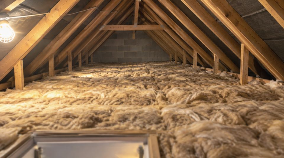 Loft with a deep, even layer of mineral wool insulation laid across the joists and the loft hatch in the foreground