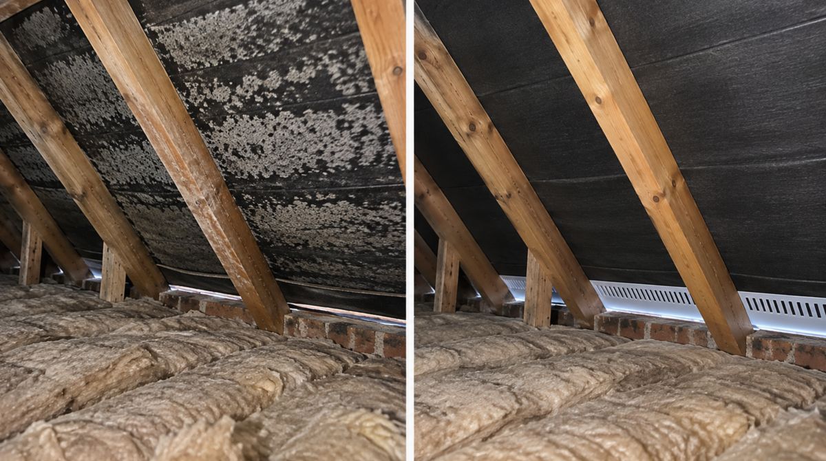 Technician in protective gear spraying fungicidal treatment on loft timbers